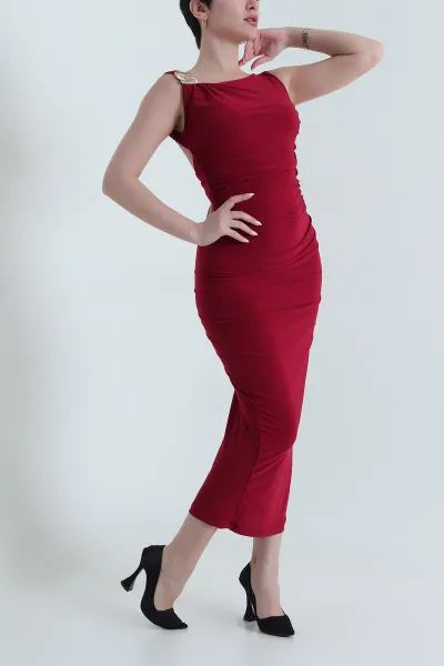 Bordo Büzgülü Sandy Kadın Elbise 443519