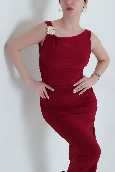 Bordo Büzgülü Sandy Kadın Elbise 443519