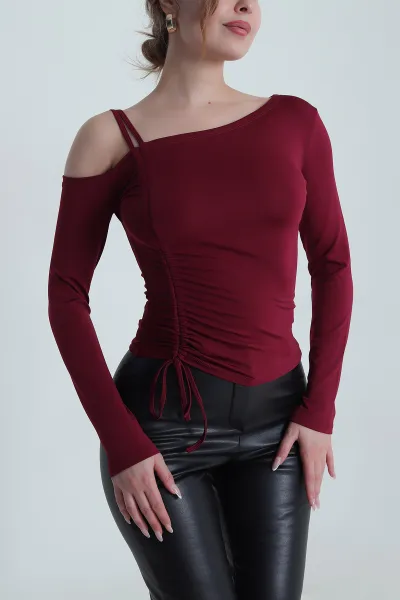 Bordo Büzgülü Scuba Kadın Bluz 489881