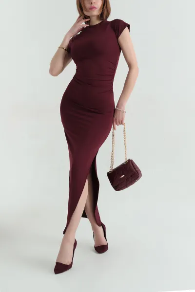 Bordo Büzgülü Sendy Kumaş Kadın Elbise 354087