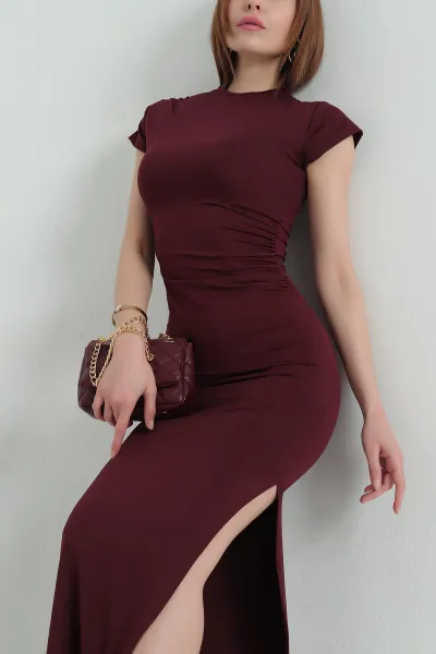 Bordo Büzgülü Sendy Kumaş Kadın Elbise 354087