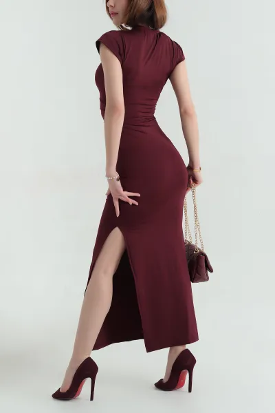Bordo Büzgülü Sendy Kumaş Kadın Elbise 354087