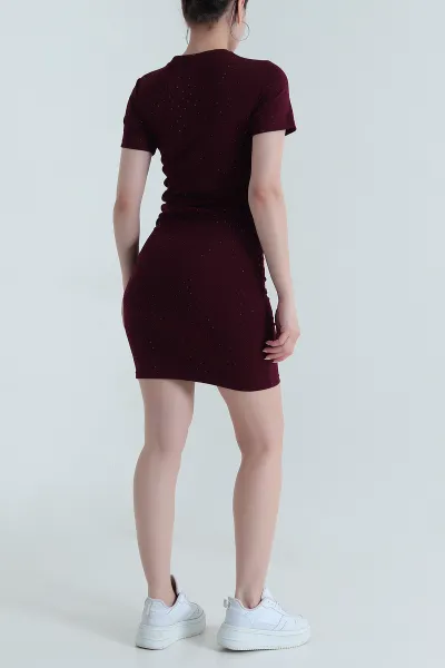 Bordo Büzgülü Taşlı Modal Kadın Elbise 472331
