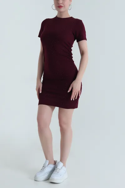Bordo Büzgülü Taşlı Modal Kadın Elbise 472331