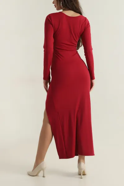 Bordo Büzgülü Yırtmaçlı Sandy Kadın Abiye 413854