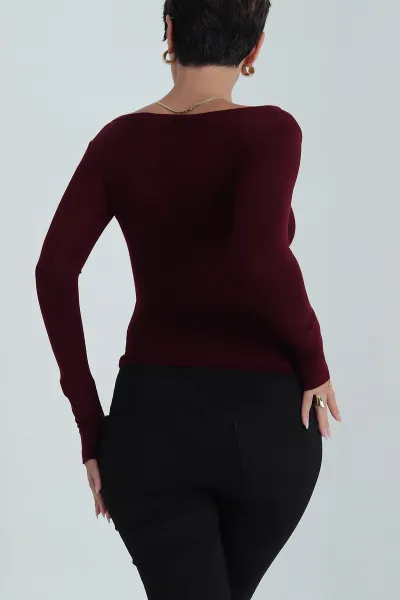 Bordo Buzi Kayık Yaka Parmak Geçmeli Kadın Bluz 385806