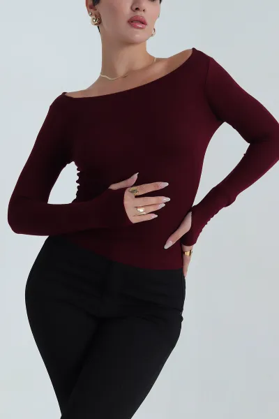 Bordo Buzi Kayık Yaka Parmak Geçmeli Kadın Bluz 385806