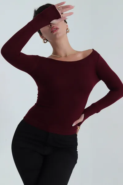 Bordo Buzi Kayık Yaka Parmak Geçmeli Kadın Bluz 385806