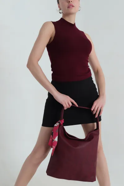 Bordo Buzi Yarım Boğazlı Sıfır Kol Kadın Badi 415552