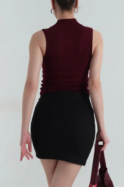 Bordo Buzi Yarım Boğazlı Sıfır Kol Kadın Badi 415552