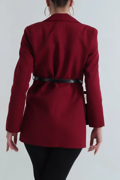 Bordo Çantalı Kemerli Kadın Blazer Atlas Ceket 401163