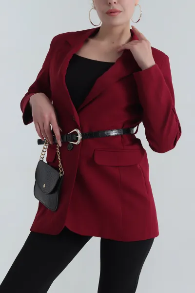 Bordo Çantalı Kemerli Kadın Blazer Atlas Ceket 401163