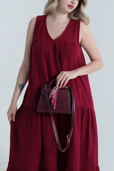 Bordo Cep Detay Müslin Keten Kadın Elbise 465760