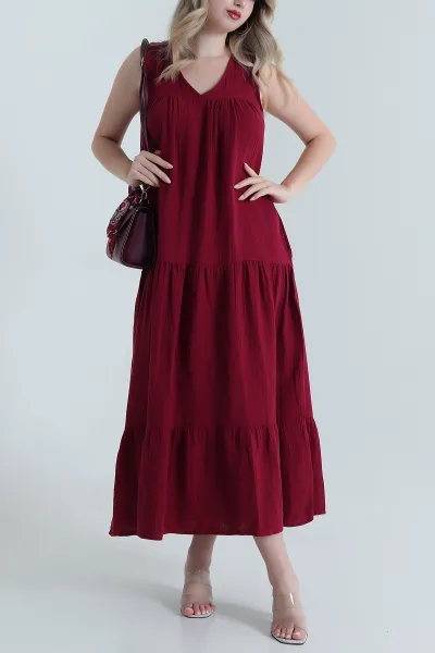 Bordo Cep Detay Müslin Keten Kadın Elbise 465760