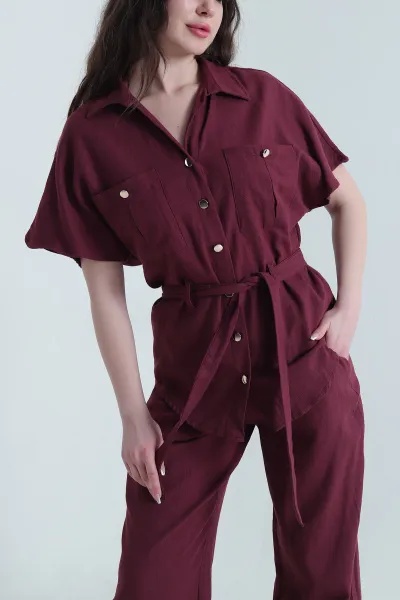 Bordo Cepli Bel Lastikli Keten Kadın İkili Takım 453045