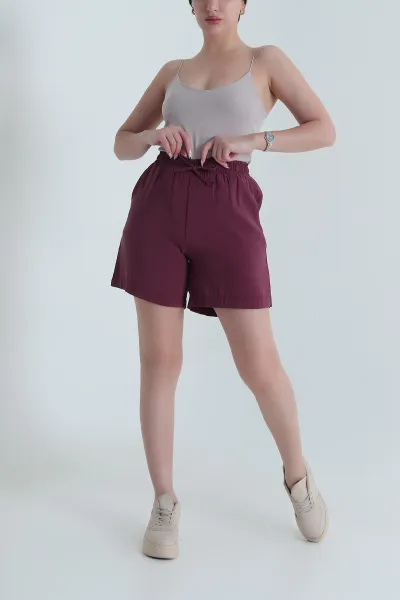Bordo Cepli Bel Lastikli Tencel Kadın Şort 464647
