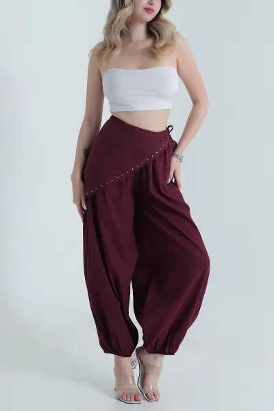 Bordo Cepli Bel ve Paça Lastikli Peçeli Terikoton Kadın Pantolon 473443