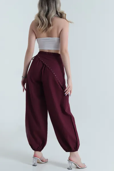 Bordo Cepli Bel ve Paça Lastikli Peçeli Terikoton Kadın Pantolon 473443