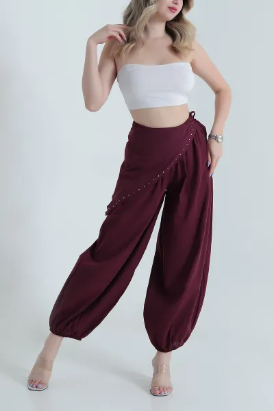 Bordo Cepli Bel ve Paça Lastikli Peçeli Terikoton Kadın Pantolon 473443