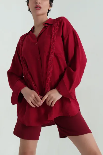 Bordo Cepli Dantel Detay Kadın Keten Gömlek 363337