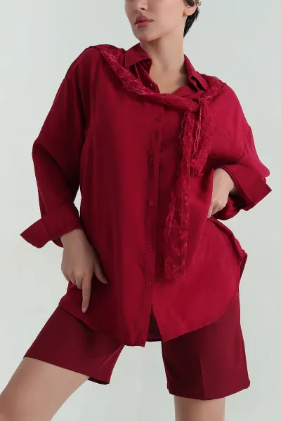 Bordo Cepli Dantel Detay Kadın Keten Gömlek 363337