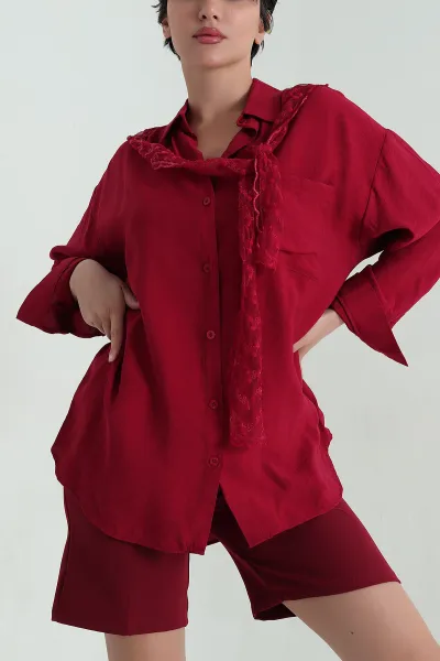 Bordo Cepli Dantel Detay Kadın Keten Gömlek 363337