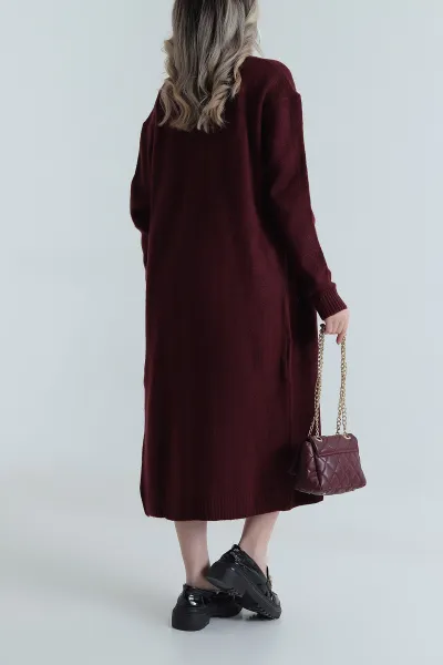 Bordo Cepli Kadın Uzun Triko Hırka 490479