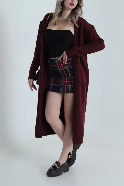 Bordo Cepli Kadın Uzun Triko Hırka 490479