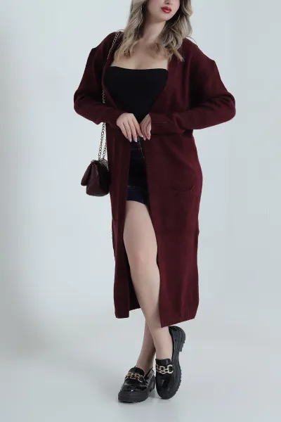 Bordo Cepli Kadın Uzun Triko Hırka 490479