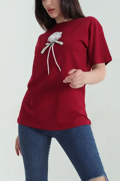 Bordo Çiçek Aksesuar Detay Kadın Tişört 357211