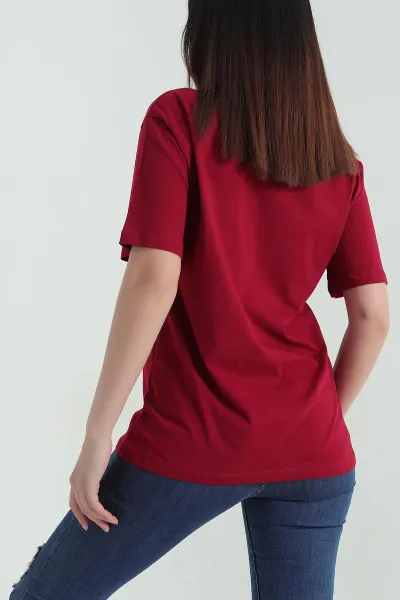 Bordo Çiçek Aksesuar Detay Kadın Tişört 357211