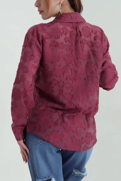 Bordo Çiçek Dokulu Tasarım Kadın Gömlek 357345