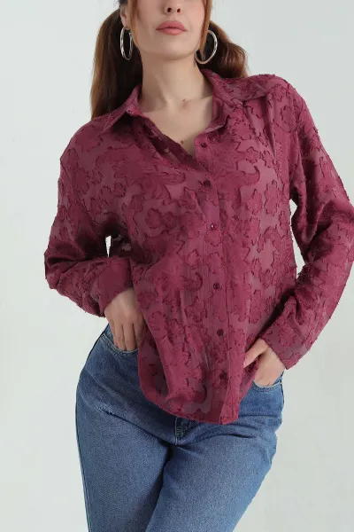 Bordo Çiçek Dokulu Tasarım Kadın Gömlek 357345
