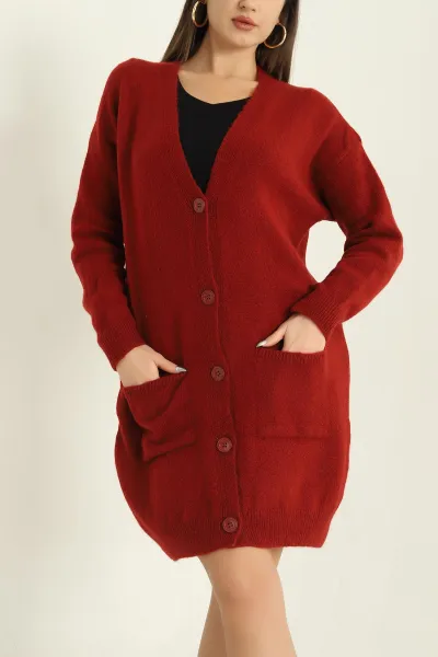 Bordo Çift Cepli Düğmeli Bayan Triko Hırka 325540