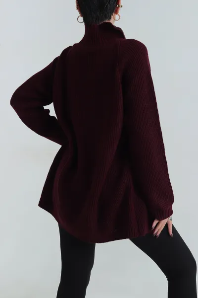 Bordo Çift Taraflı Fermuar Triko Kadın Kazak 412636