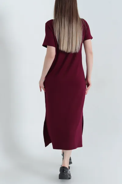 Bordo Çift Yırtmaçlı Kristal Elbise 337786