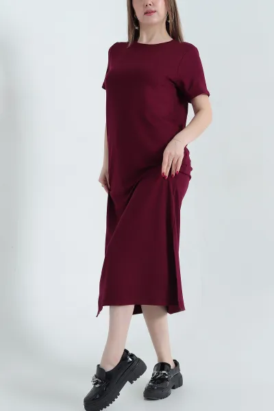 Bordo Çift Yırtmaçlı Kristal Elbise 337786