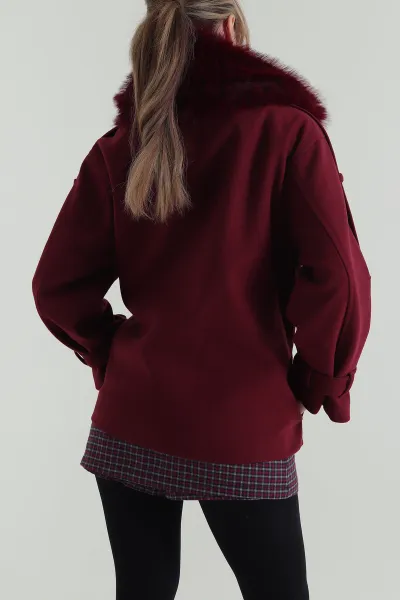 Bordo Çıkma Kürklü Astarlı Kaşe Mont 427690