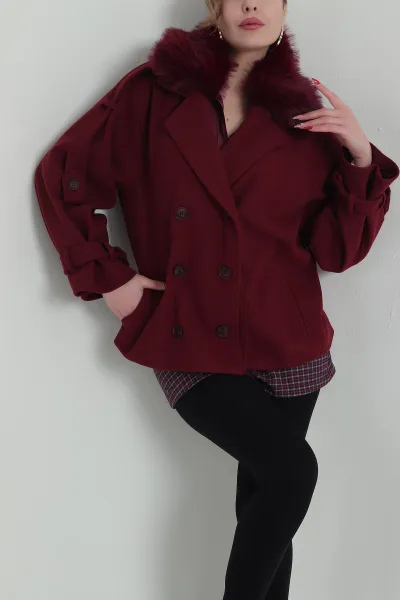 Bordo Çıkma Kürklü Astarlı Kaşe Mont 427690