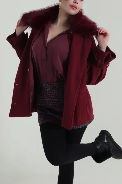 Bordo Çıkma Kürklü Astarlı Kaşe Mont 427690