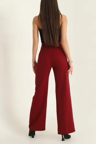 Bordo Çimalı Atlas Kumaş Bayan Pantolon 323724