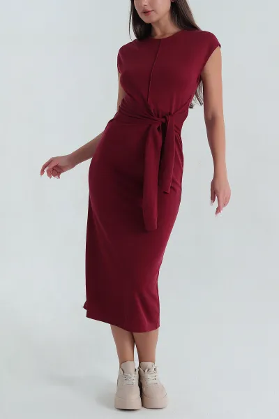 Bordo Çimalı Bisiklet Yaka Kolsuz Modal Kadın Elbise 381415