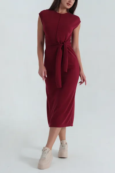 Bordo Çimalı Bisiklet Yaka Kolsuz Modal Kadın Elbise 381415
