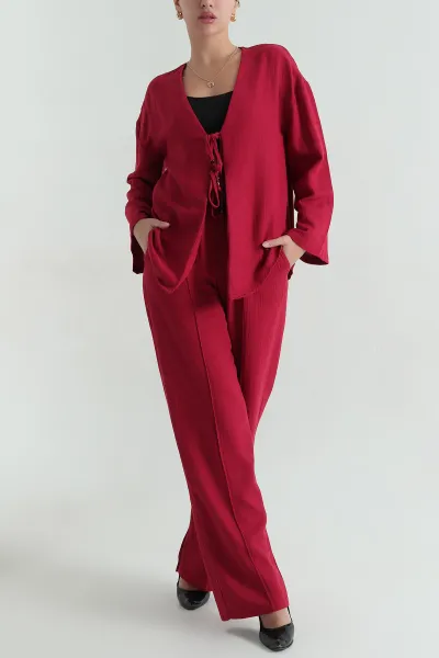 Bordo Çimalı Keten Pantolon Bluz İkili Takım 366967