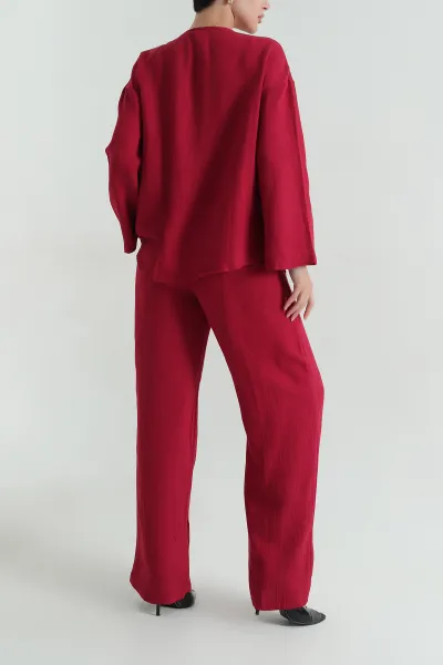 Bordo Çimalı Keten Pantolon Bluz İkili Takım 366967