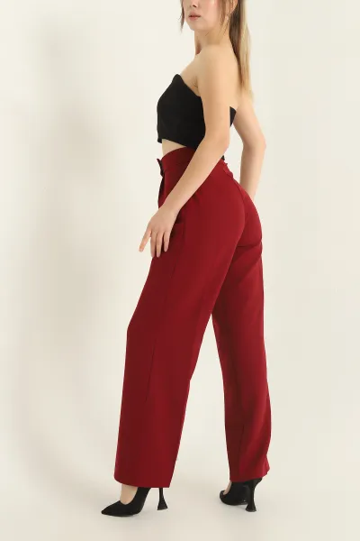 Bordo Cırtlı Kapama Atlas Kumaş Bayan Pantolon 318561