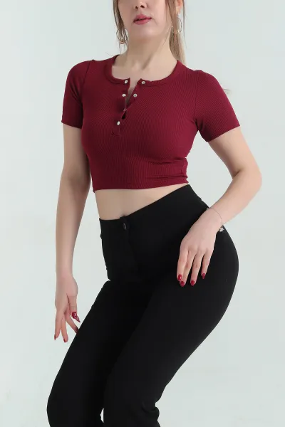 Bordo Çıt Çıt Düğmeli Fitilli Bluz 336298