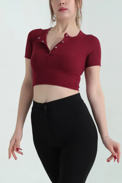 Bordo Çıt Çıt Düğmeli Fitilli Bluz 336298