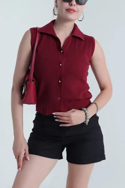 Bordo Cıt Cıtlı Polo Yaka Kadın Triko 477782