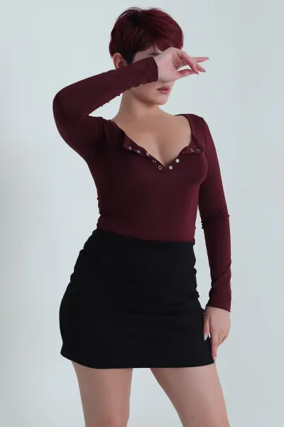 Bordo Çıtçıt Yaka Dalgıç Kadın Zıbın Bluz 482762